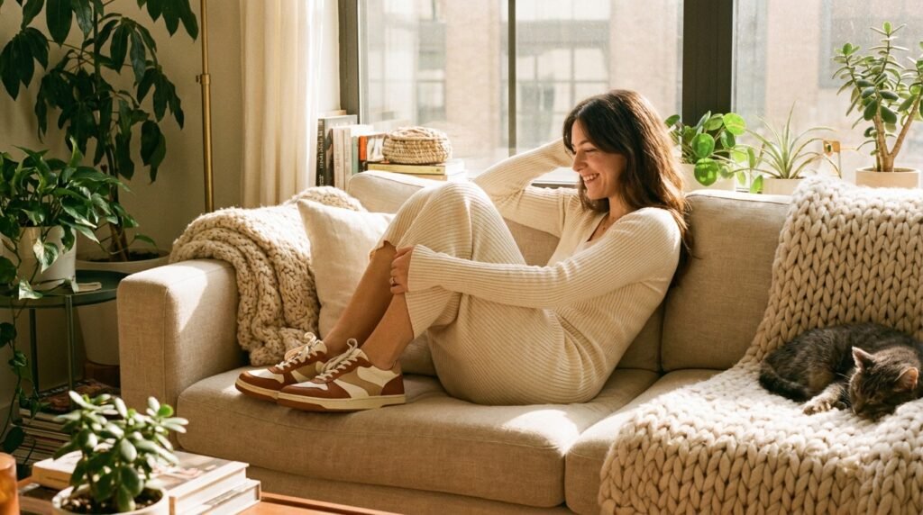 A woman sitting on a sofa indoors wearing a cream knit midi dress and leather sneakers.