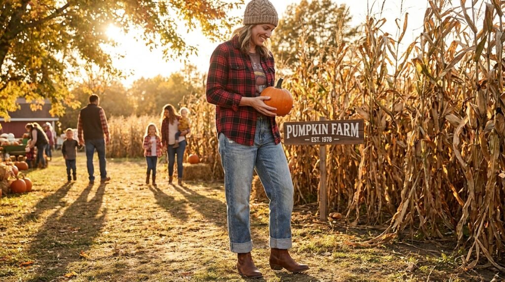 A woman in a pumpkin patch wearing cuffed relaxed jeans and brown western ankle boots.