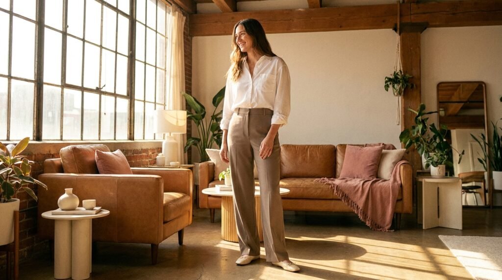 Woman wearing taupe wide-leg trousers and cream ballet sneakers in a bright room.