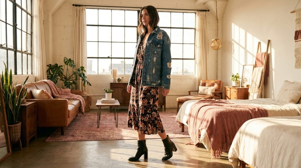 Woman wearing a floral midi dress, denim jacket, and black block-heel boots in a bright room.