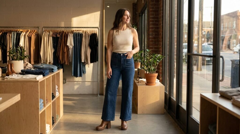 A a and block brown chunky coffee cream denim fitted heels, in jeans, leather ribbed shop. standing sunlit tank top, wearing wide-leg woman
