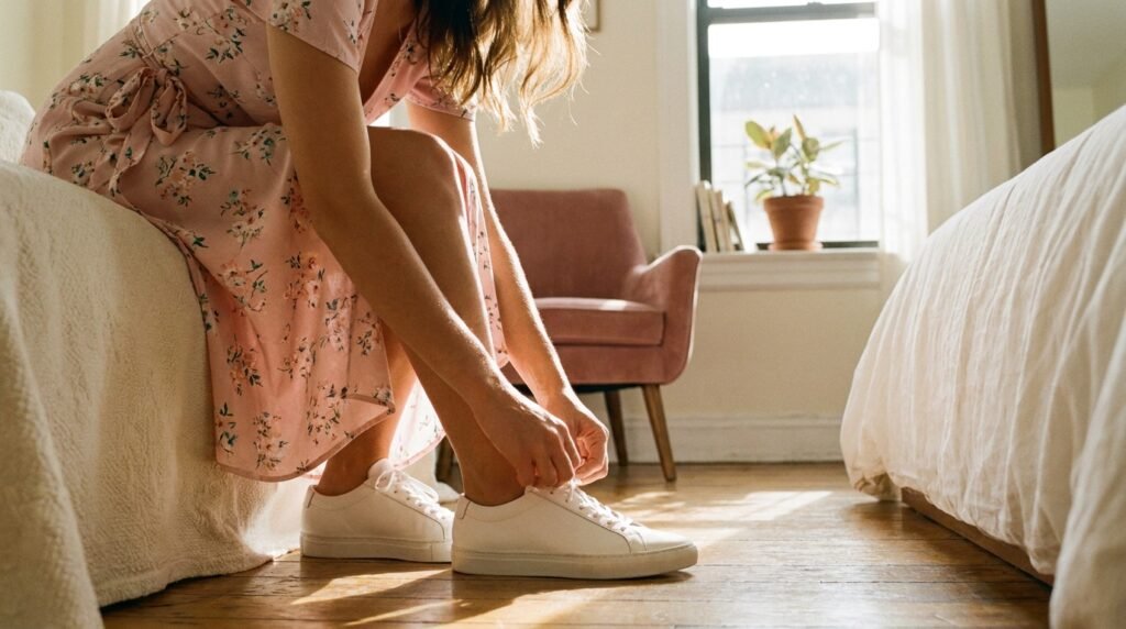 Close-up of a woman tying clean white leather sneakers while wearing a pink floral wrap dress.