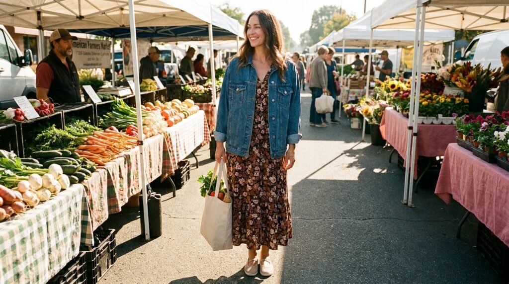 Woman wearing a floral maxi dress, denim jacket, and neutral ballet sneakers at a market.