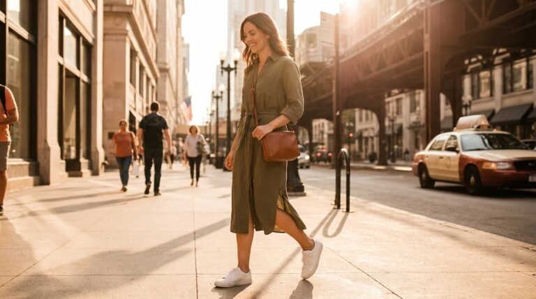 A woman walking on a city sidewalk wearing an olive green midi shirt dress and clean white leather sneakers.