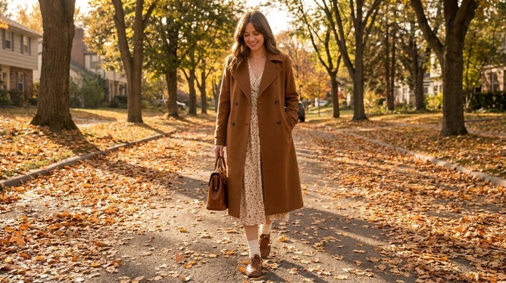 A woman walking on an autumn leaf-covered street wearing a floral dress, trench coat, and sneakers.