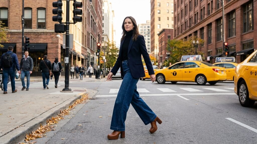 A woman walking in a city crosswalk wearing wide-leg jeans and chunky platform ankle boots.