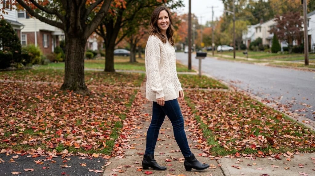 A woman walking on an autumn sidewalk wearing skinny jeans tucked into black ankle boots and a cream sweater.