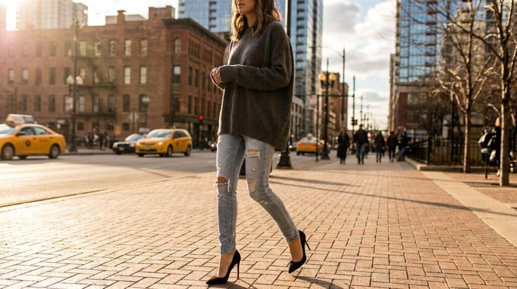 A Chicago a an and black cashmere distressed down downtown grey in jeans, light-wash oversized pumps. sharp sidewalk skinny stiletto sweater, walking woman