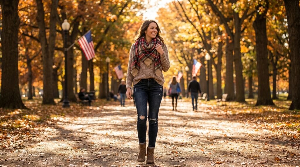 A woman walking through a park in autumn wearing a plaid scarf, suede ankle boots, and distressed denim.