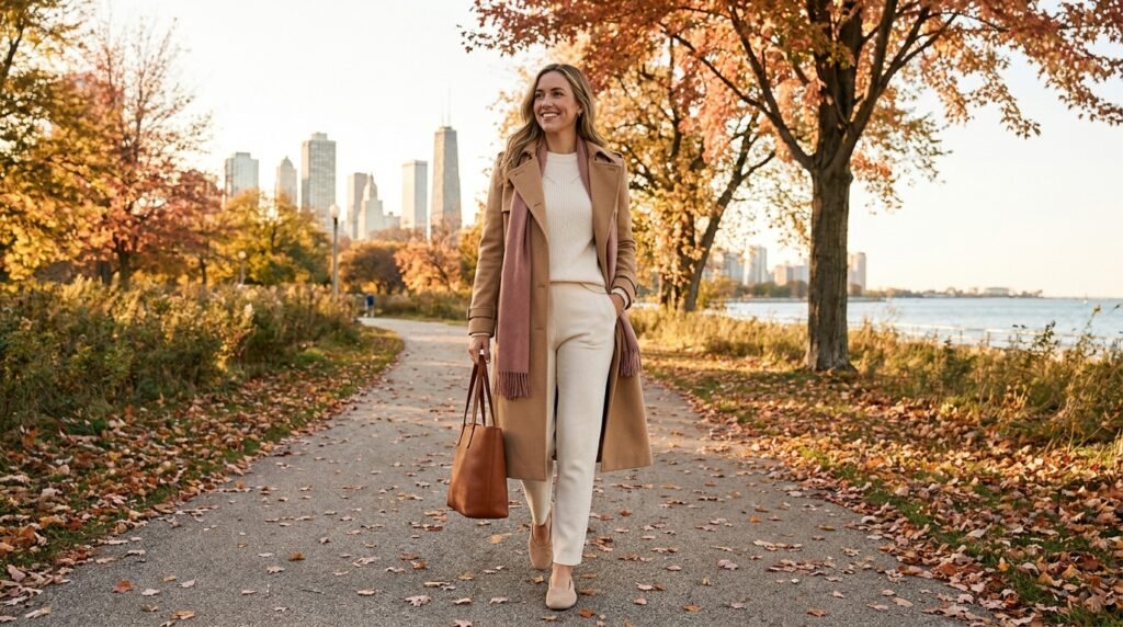 Woman wearing an ecru outfit, camel trench coat, and beige suede ballet sneakers outdoors.