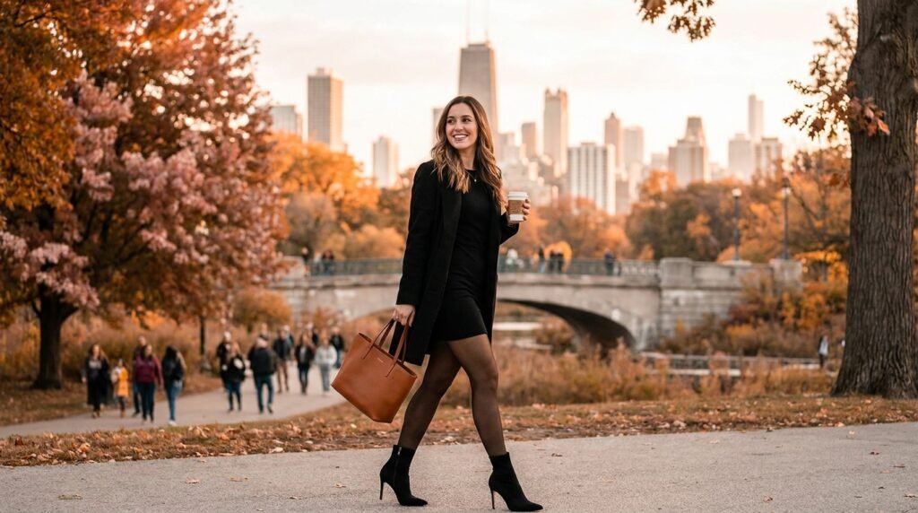 Woman wearing an all-black outfit with a mini dress, black tights, and black ankle boots outdoors.