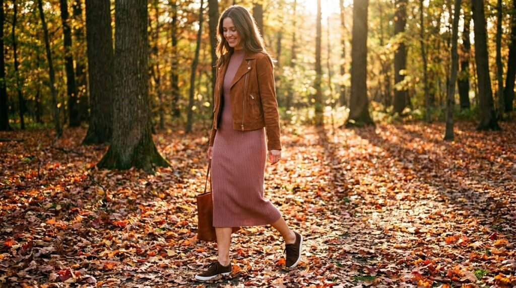 Woman in a ribbed knit dress and brown suede ballet sneakers on an autumn street.