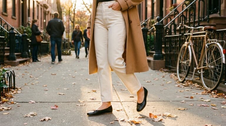 A woman walking on a sidewalk wearing cream jeans, a camel trench coat, and black ballet sneakers.