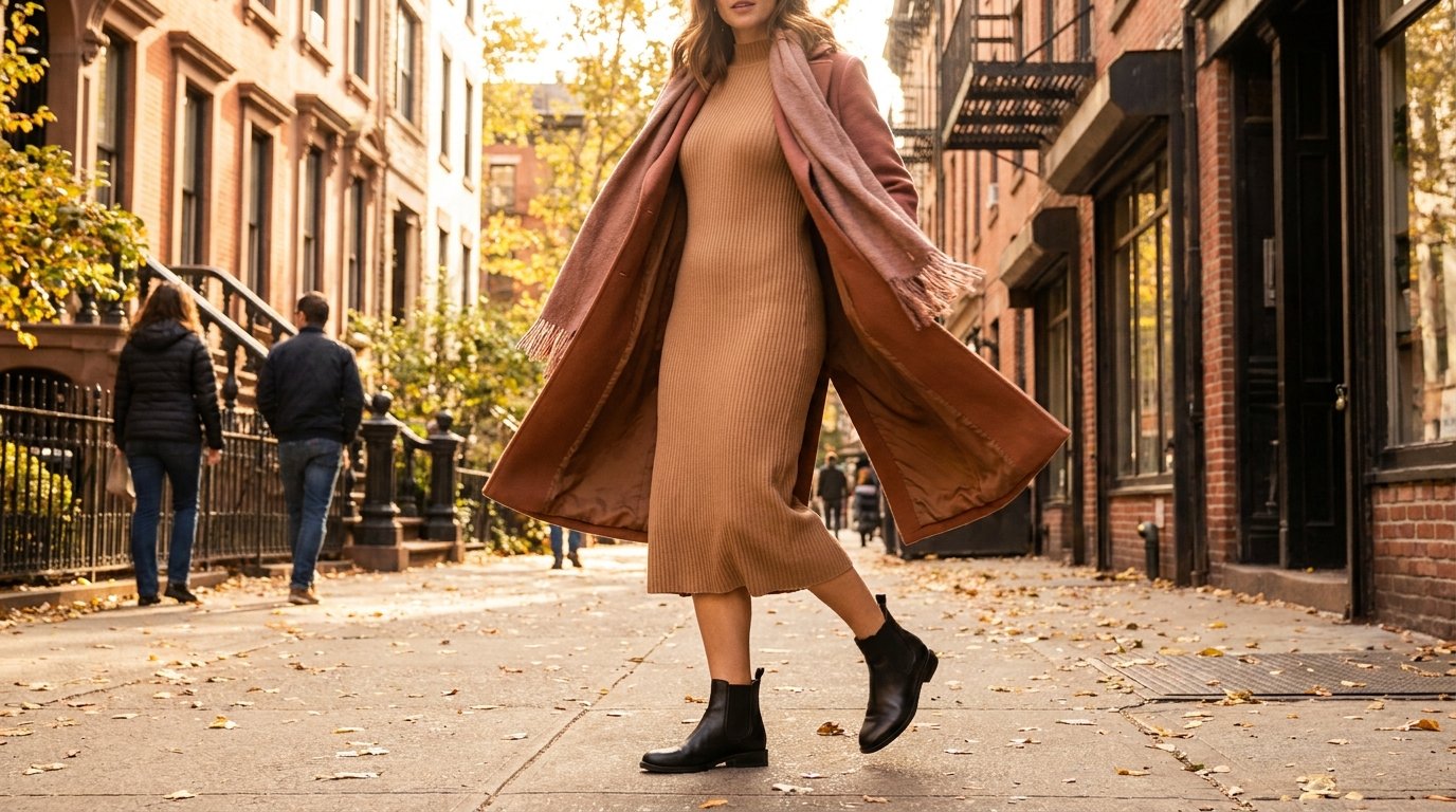 A woman walking on a city sidewalk wearing a camel knit midi dress and black leather ankle boots.