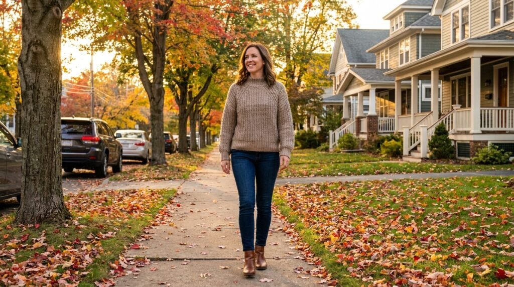 A woman smiling while walking down an autumn suburban street in jeans and leather ankle boots.