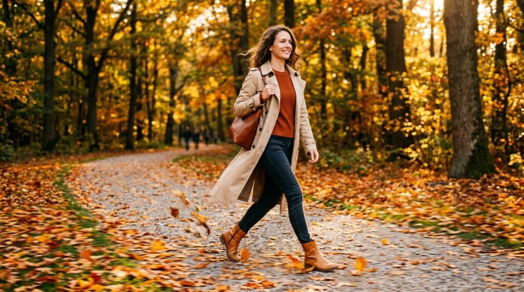 A full-length shot of a woman walking through a park in autumn. She is wearing a classic long tan trench coat and stylish tan ankle boots, walking over a path covered in golden-brown fallen leaves. Warm sunlight filters through the trees, casting a golden glow on the scene with soft shadows.