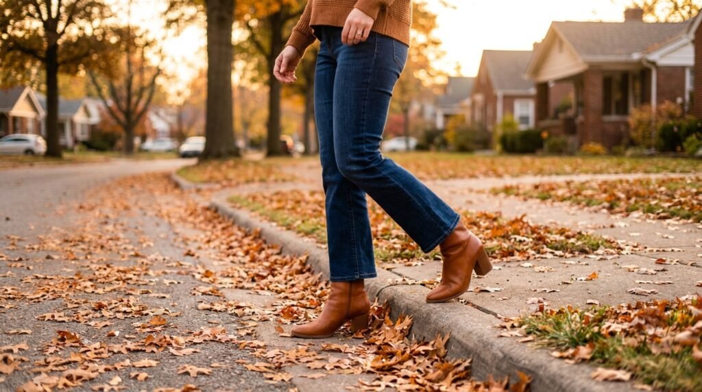 A a and ankle autumn boots cognac cropped during flare golden heeled hour, jeans leather leaves neighborhood on sidewalk. suburban the through walking wearing with woman