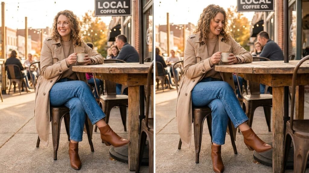 A woman sitting at an outdoor coffee shop table wearing cropped straight-leg jeans and pointed-toe leather ankle boots.