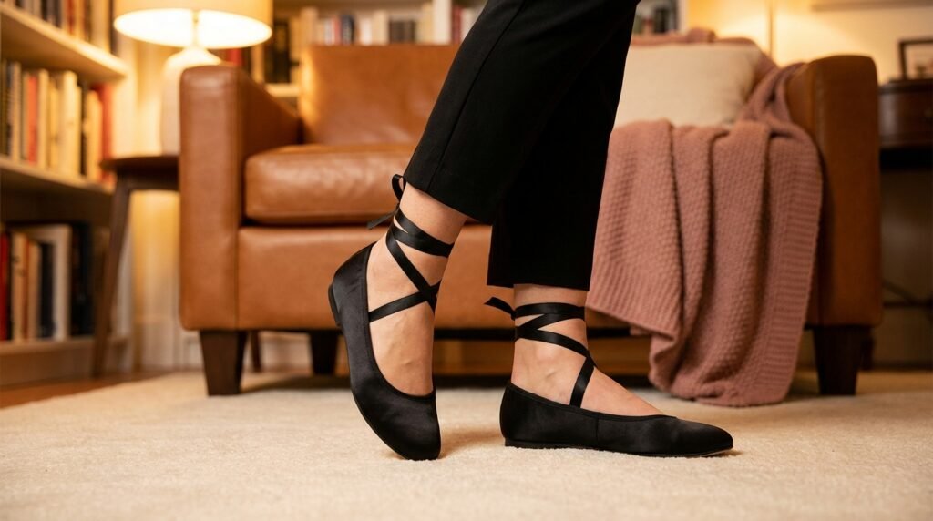Close-up of bare ankles, black cigarette trousers, and ribbon-tied ballet sneakers.