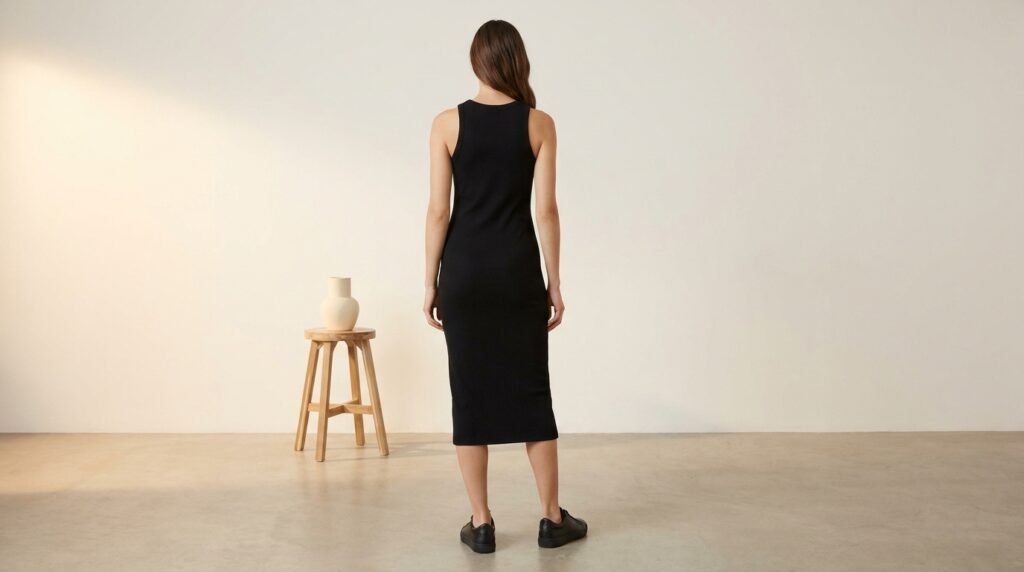 A woman posing in a minimalist studio wearing an all-black midi dress and black sneakers.
