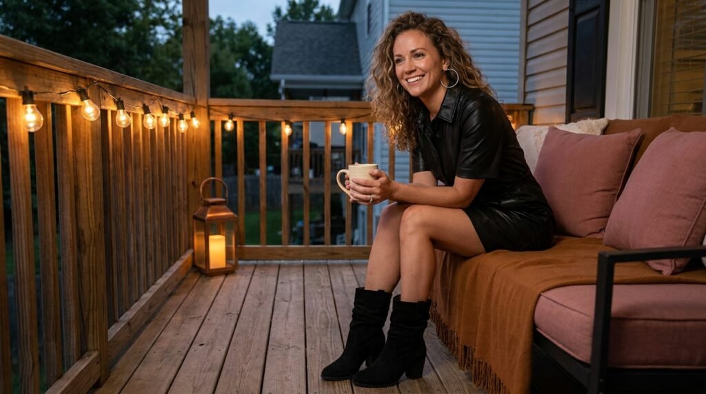Woman wearing a black leather mini dress and slouchy suede ankle boots.