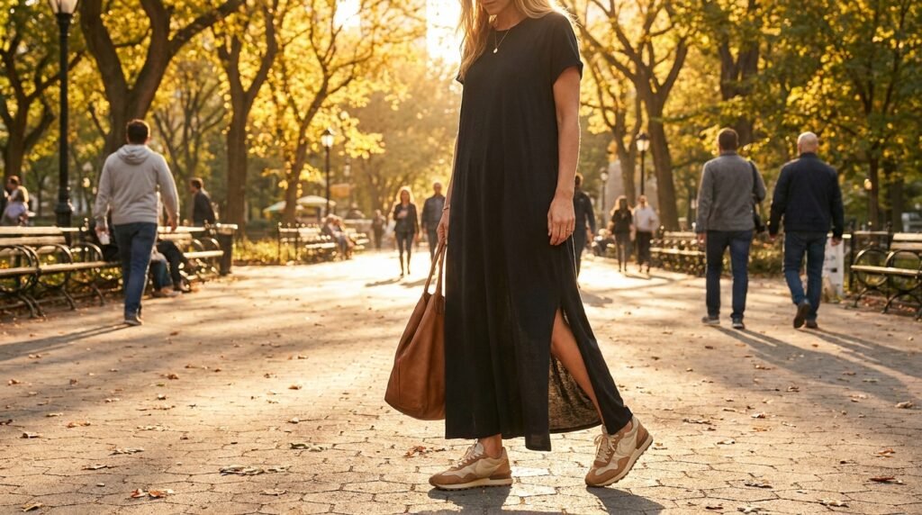 A woman walking outdoors wearing a black maxi dress with a high slit and chunky retro sneakers.