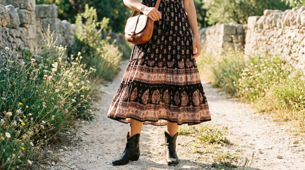 Woman wearing a tiered boho dress, crossbody bag, and black Western ankle boots outdoors.