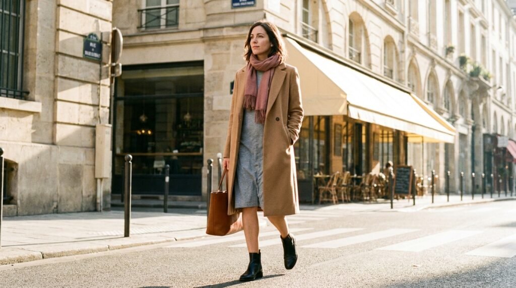 Woman wearing a grey t-shirt dress, a camel coat, and black leather ankle boots.