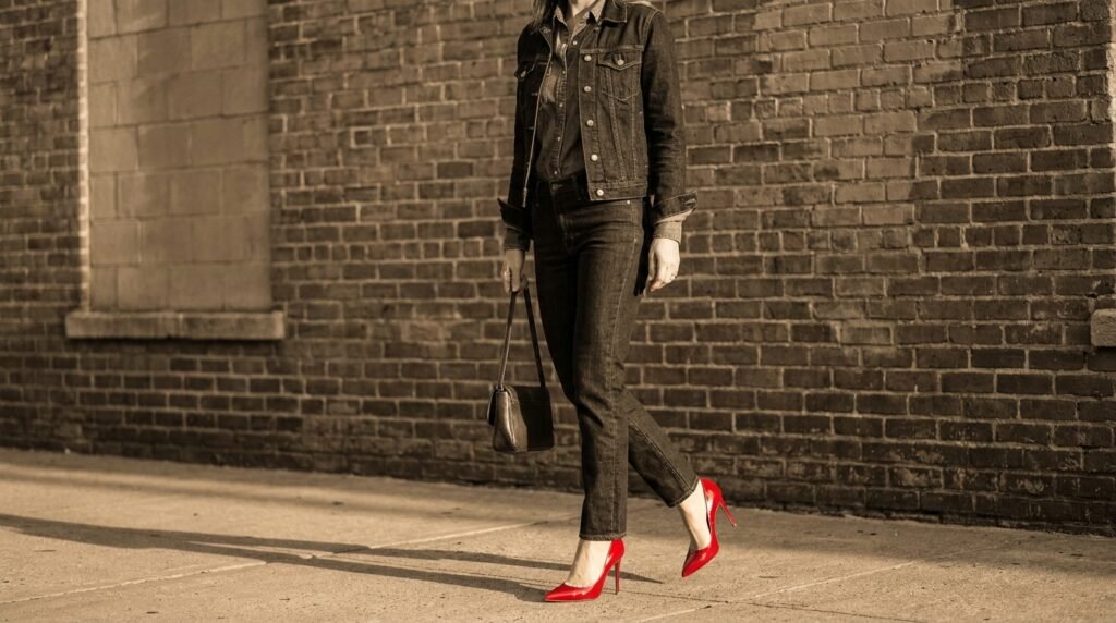 A a against and brick bright dark denim heels. jeans matching outfit pointed-toe red shirt stiletto styled vibrant wall, wearing with woman