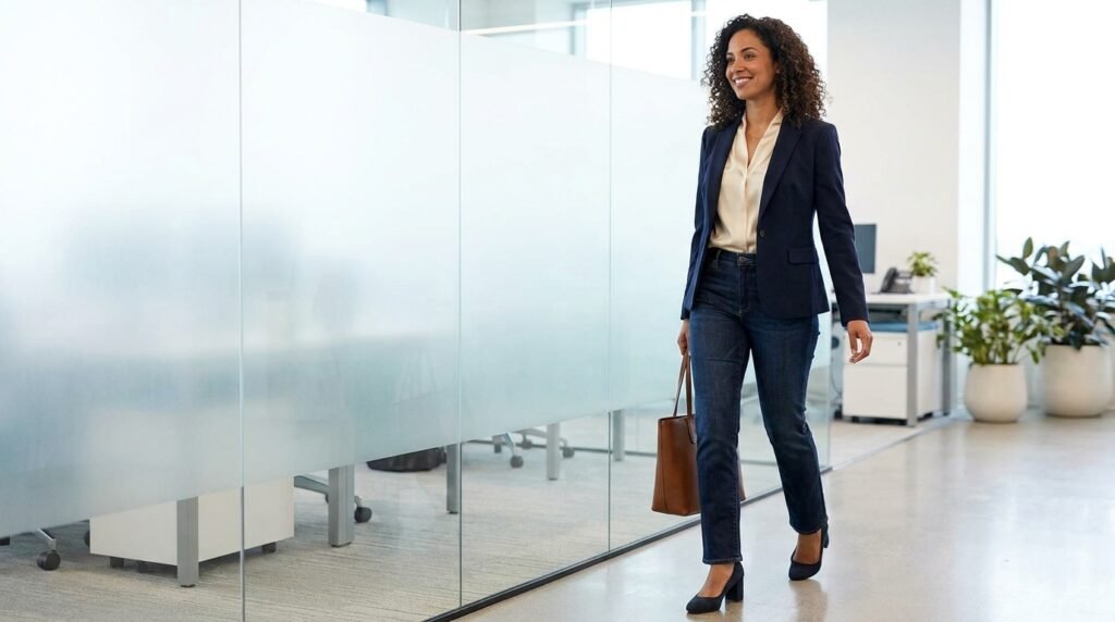 A a and blazer, block blouse, closed-toe dark-wash heels in jeans, modern navy office professional setting. silk straight-leg tailored wearing woman