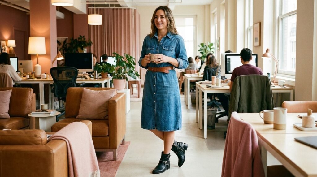 Woman wearing a denim shirt dress, belt, and black moto ankle boots.