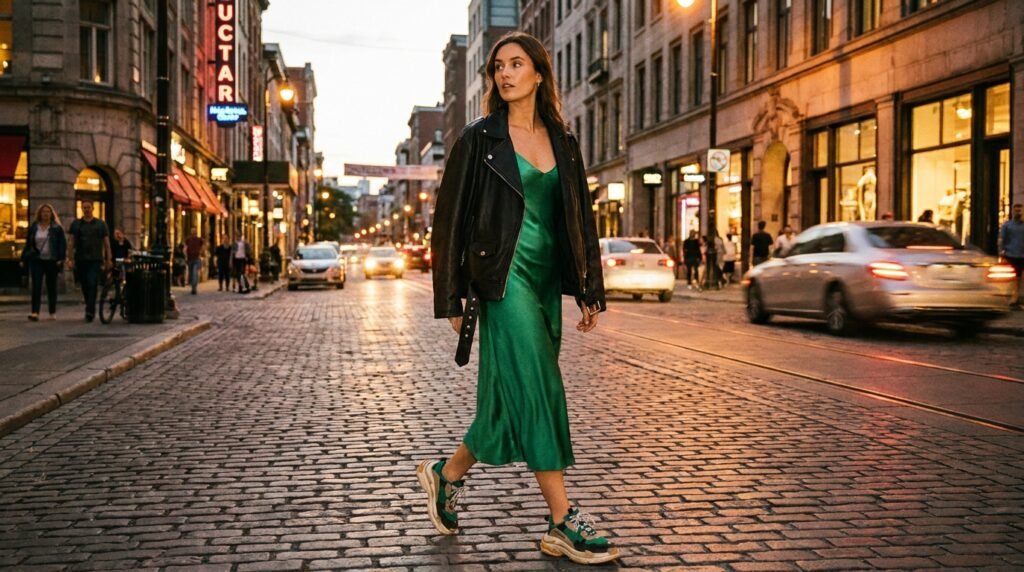 A woman standing on a city street at dusk wearing an emerald slip dress, leather jacket, and retro sneakers.