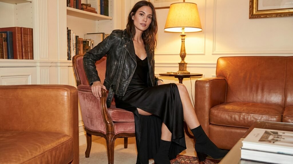 Woman wearing a high-slit black maxi dress, a leather jacket, and black sock booties.