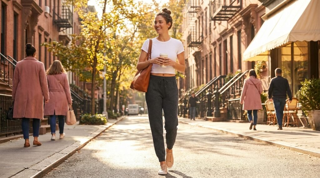 Woman wearing tailored grey joggers, a white tee, and neutral ballet sneakers.