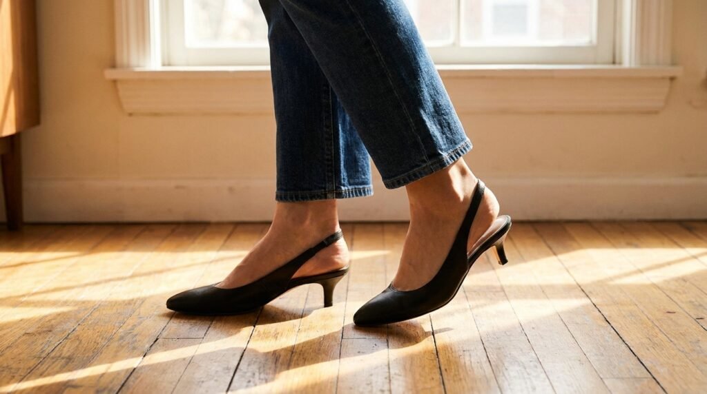 Closeup a and ankle black blue break. clean cropped emphasizing floor, hardwood heels, hemline jeans kitten of on photo slingback standing sunlit the wearing woman