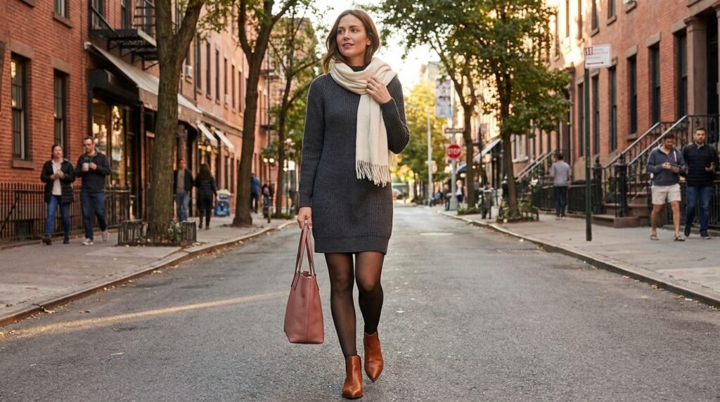 Woman standing on a street wearing a grey knit sweater dress and black leather ankle boots.