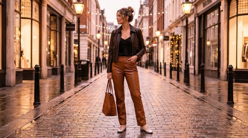 Woman wearing faux-leather pants, a leather jacket, and silver ballet sneakers at night.