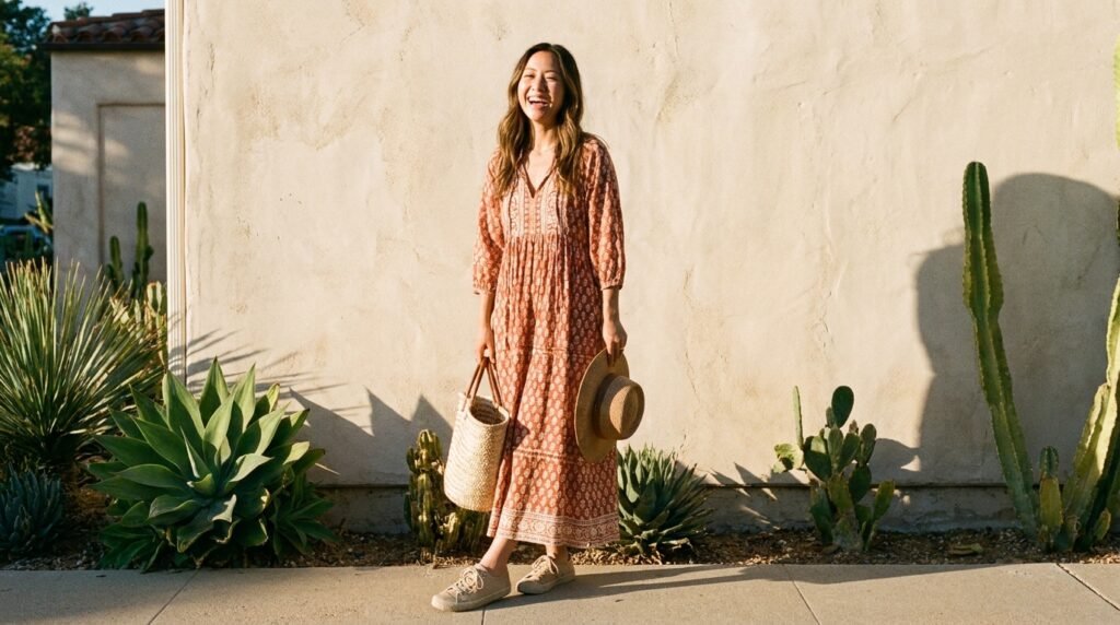 A petite woman standing outdoors wearing an ankle-length dress and slim profile sneakers.