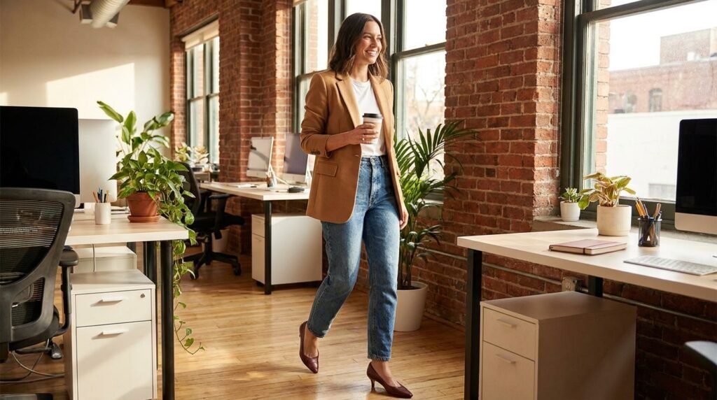A a and blazer bright burgundy camel heels. in jeans, kitten mom office paired setting, t-shirt, tailored vintage-wash wearing white with woman
