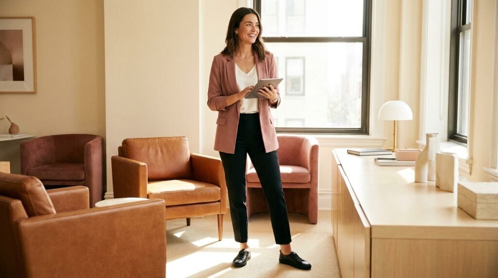 Woman in an office wearing tailored black trousers, a blazer, and black ballet sneakers.