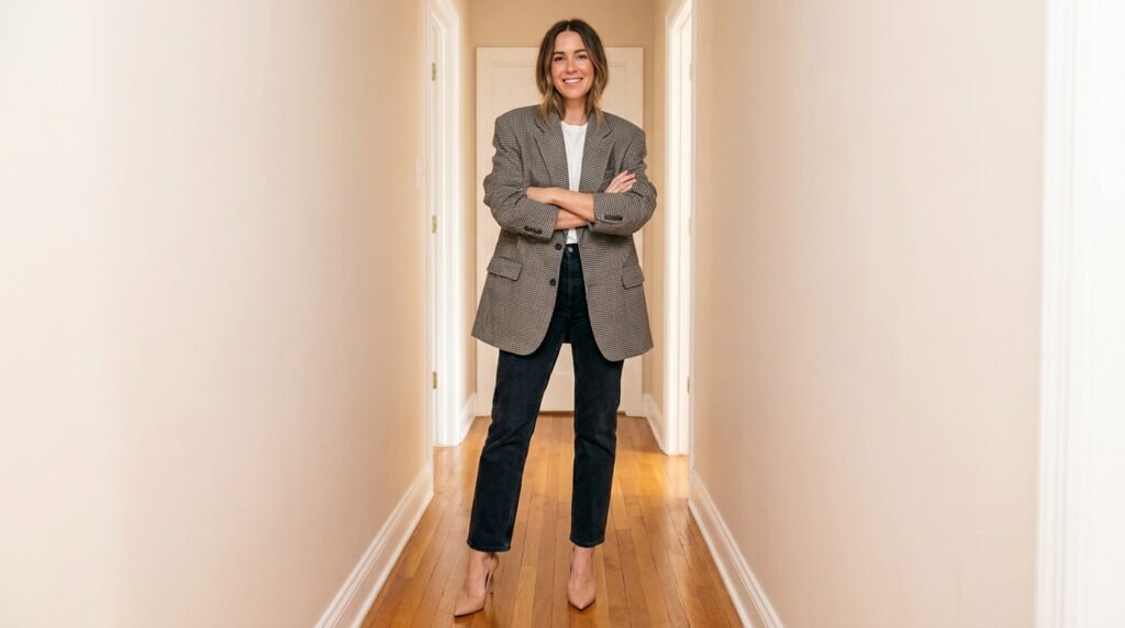 A a an and basic blazer, brightly classic dark-wash denim, hallway houndstooth in lit neutral nude oversized pumps. standing t-shirt, wearing white woman