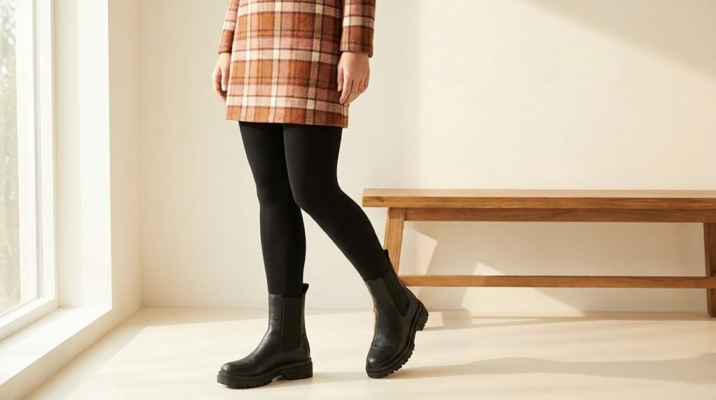 Close-up of plaid mini skirt, opaque black tights, and lug-sole ankle boots.