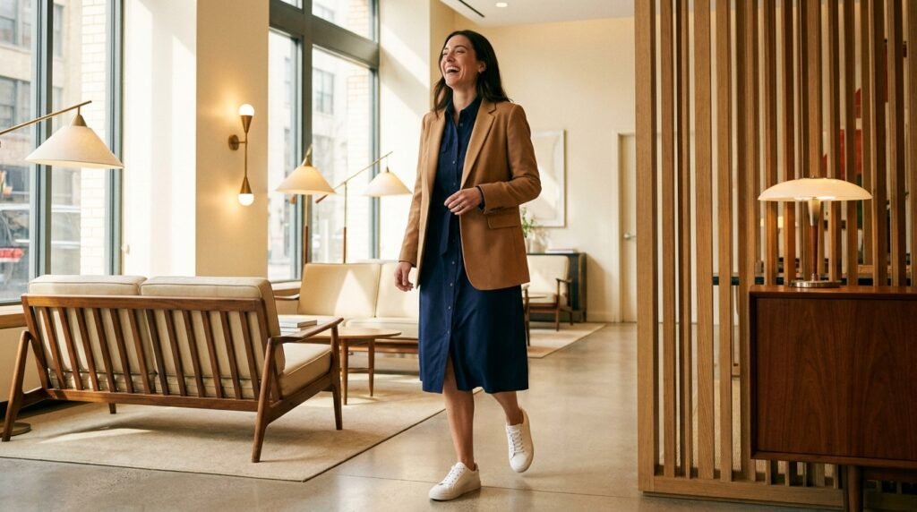 A woman in a modern office building wearing a navy shirt dress, camel blazer, and clean white sneakers.