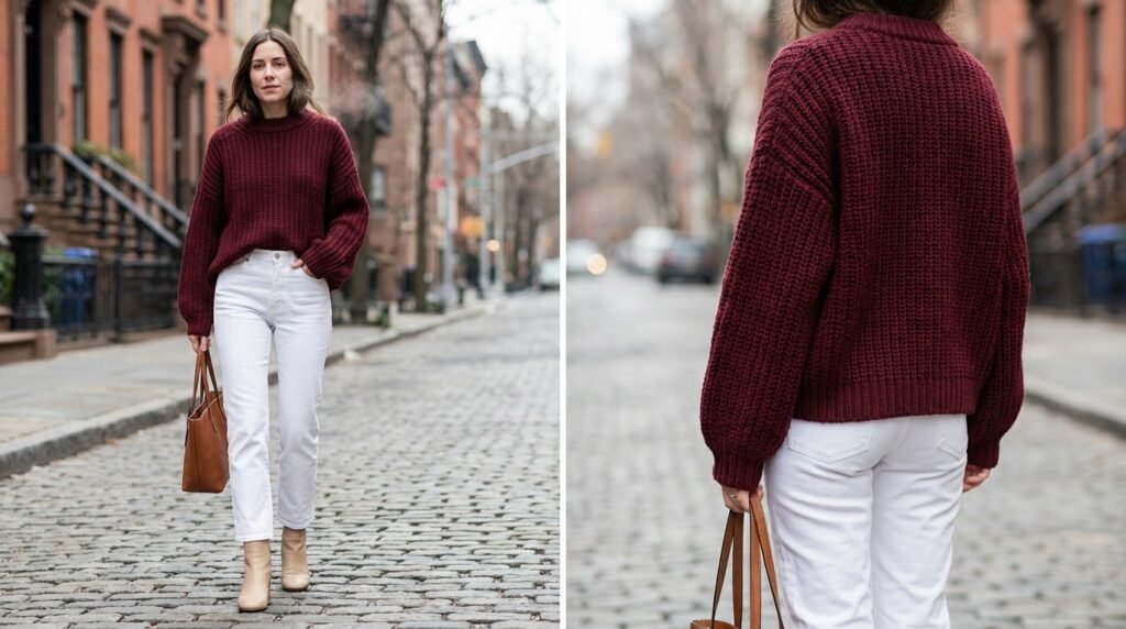 A a and boots burgundy chunky city crisp daylight. deep in jeans, knit leather outdoors setting soft straight-leg sweater, under wearing white winter woman