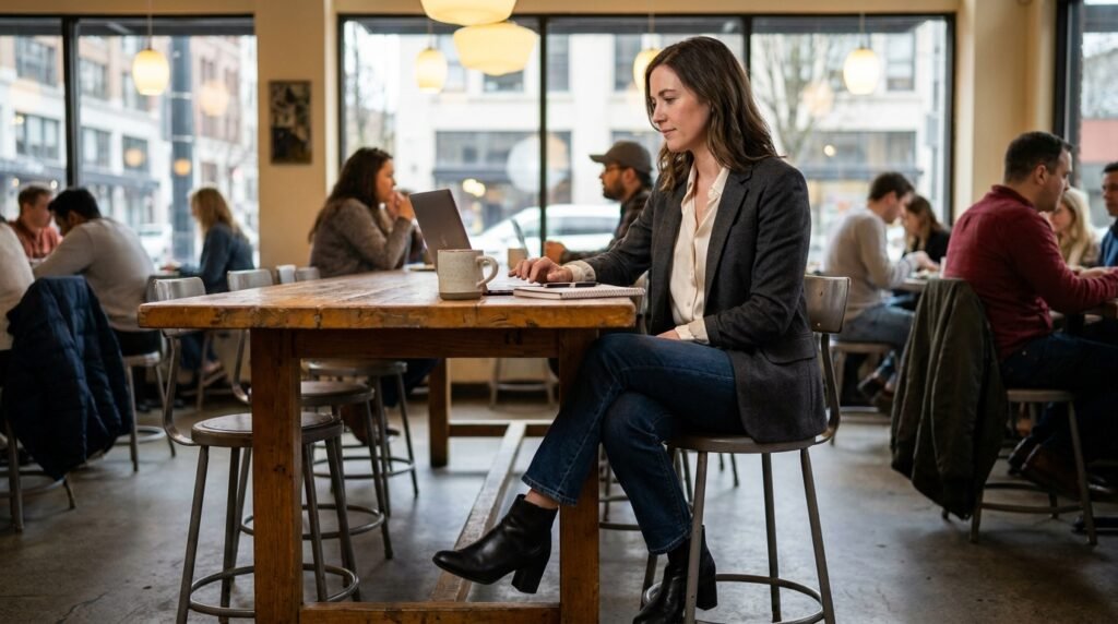 A woman working at a coffee shop table wearing straight-leg jeans, block-heel boots, and a tailored blazer.