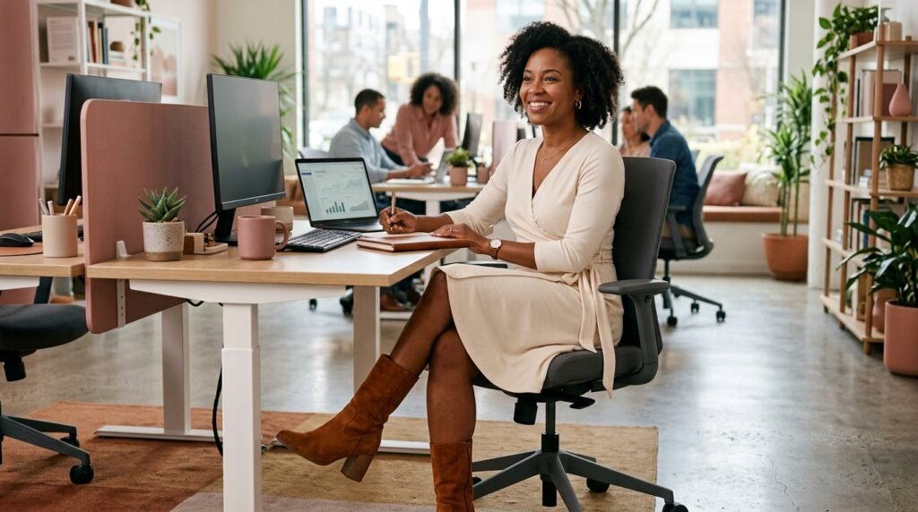 A woman sitting at a desk wearing a cream wrap dress and brown suede block heel boots