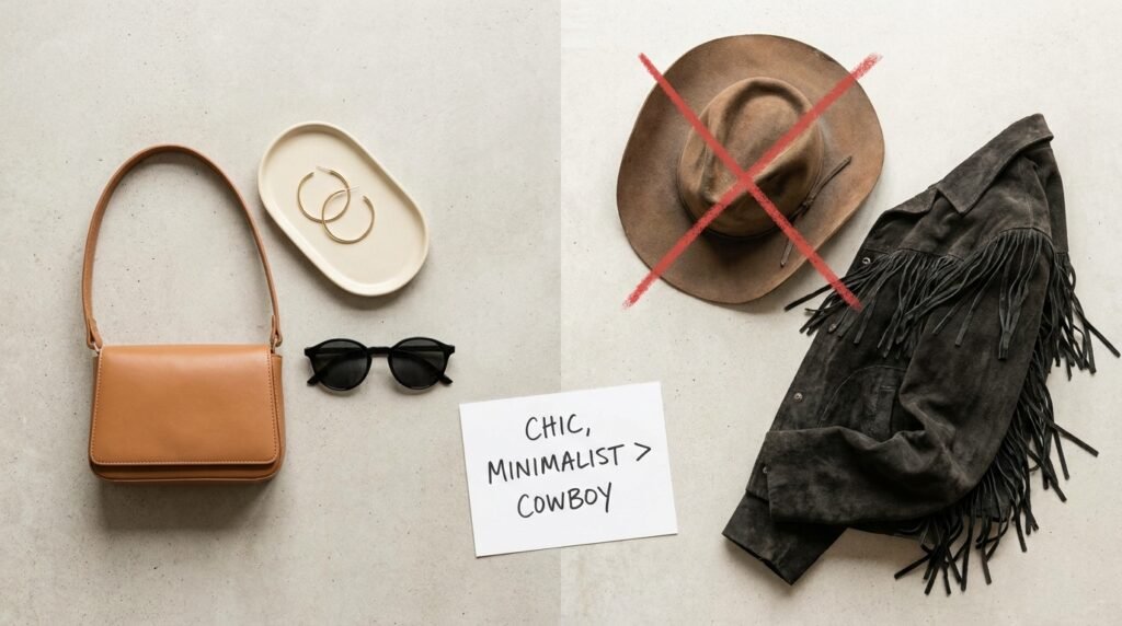Flat lay of modern minimalist accessories contrasted against themed western items.