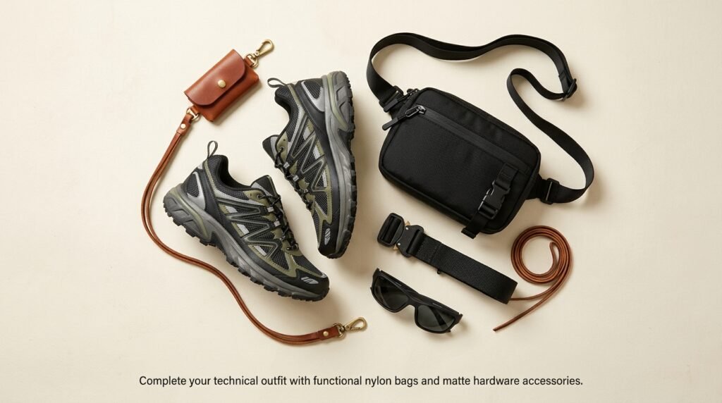Flat lay of a nylon crossbody bag, tactical belt, sunglasses, and technical sneakers on an ivory surface.