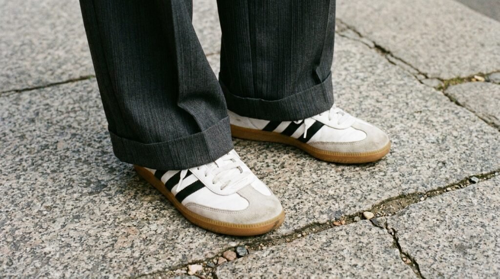Adidas Samba OG sneakers with gum soles styled with wide-leg charcoal trousers.