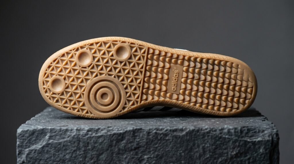 Underside view of the gum-rubber tread and traction pattern on an Adidas Samba sneaker.